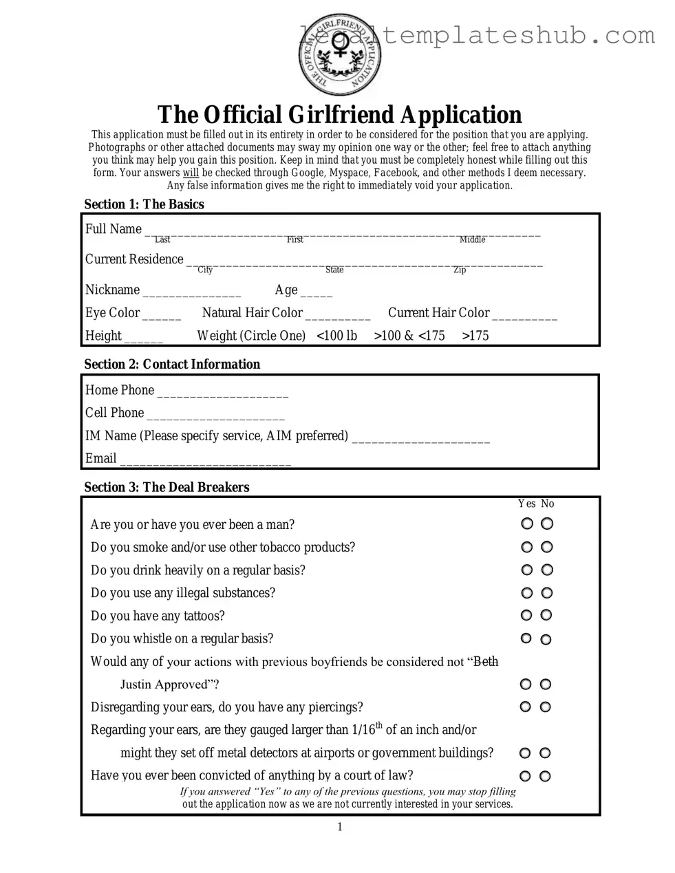Blank Girlfriend Application PDF Form
