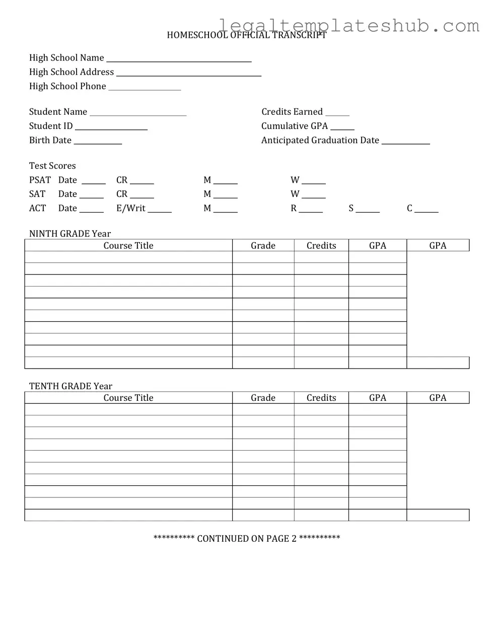 Blank High School Transcript PDF Form