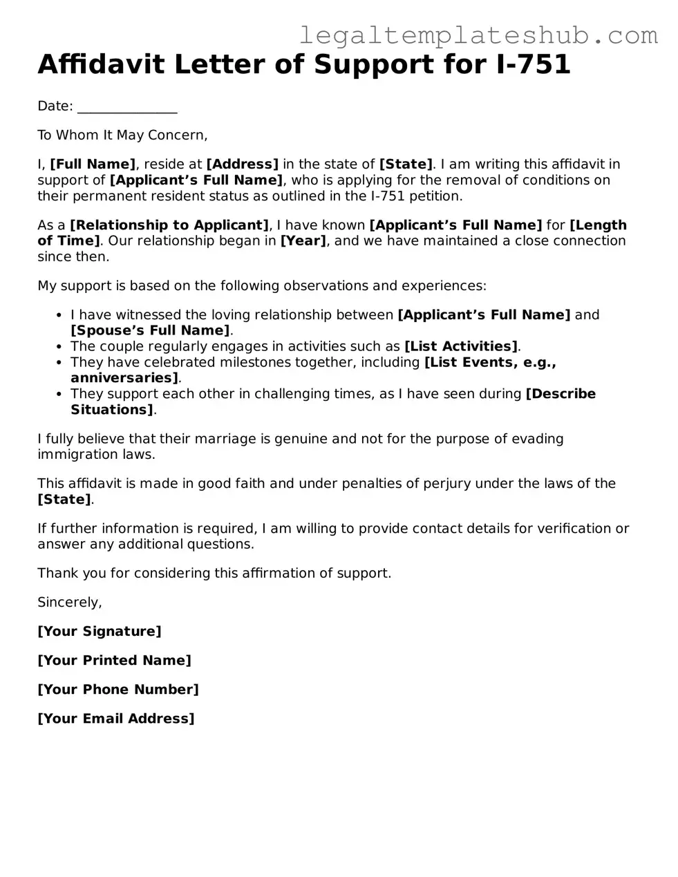 Printable Affidavit Letter of Support for I-751 Template