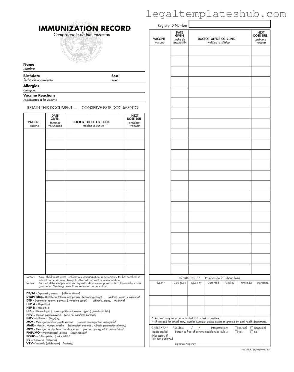 Blank Immunization Record PDF Form