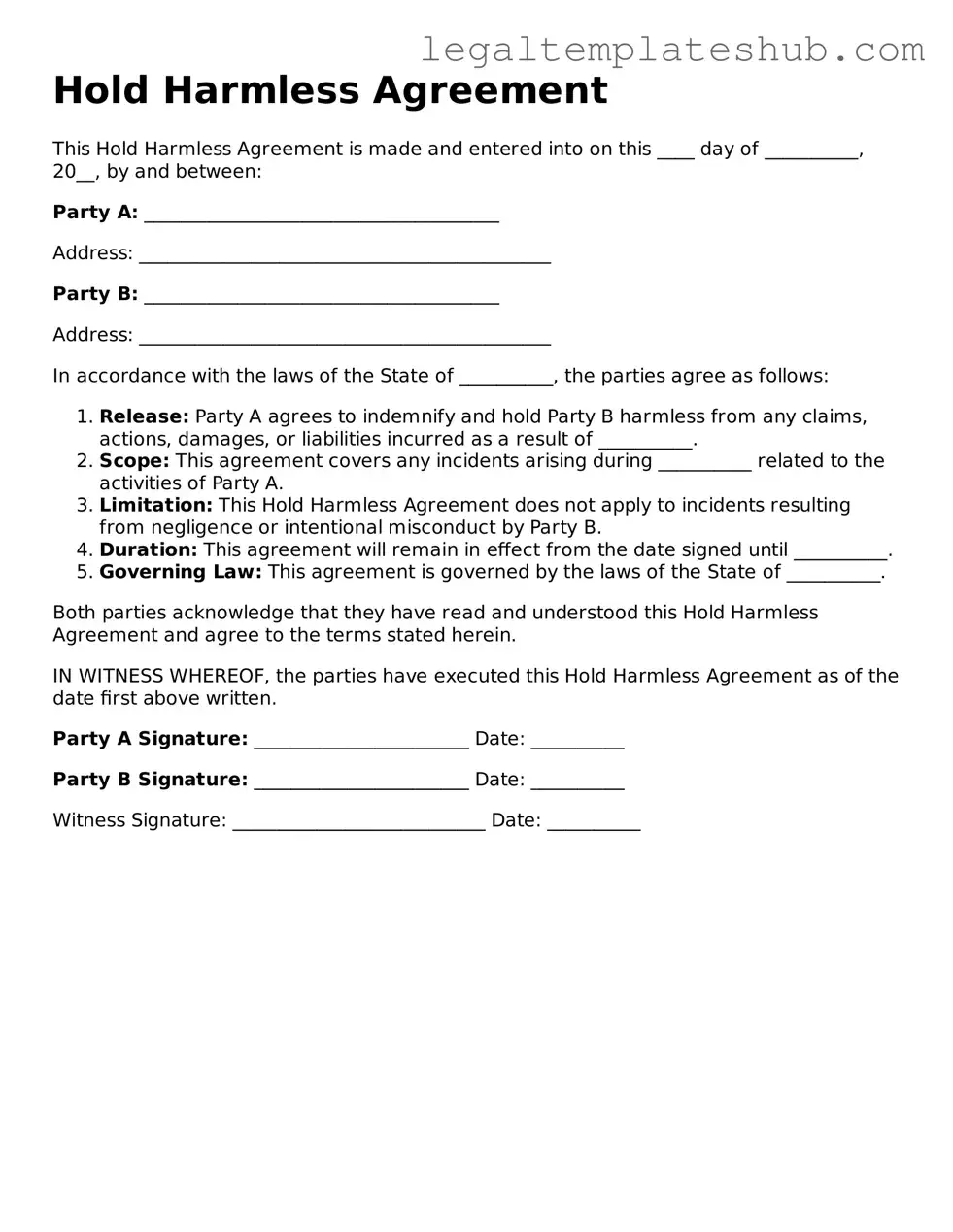 Printable Hold Harmless Agreement Template
