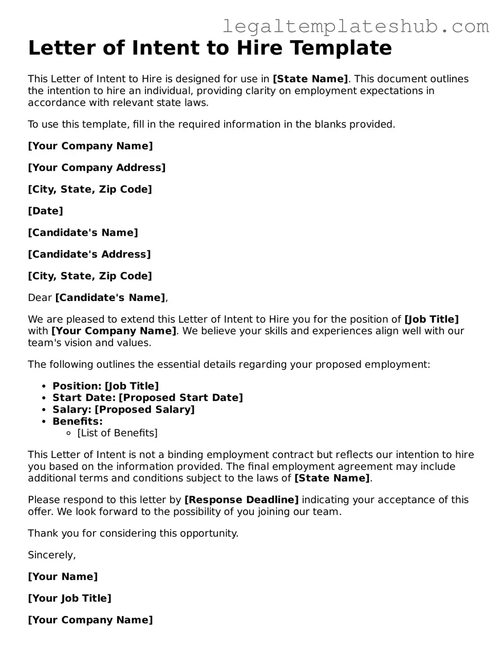 Printable Letter of Intent to Hire Template