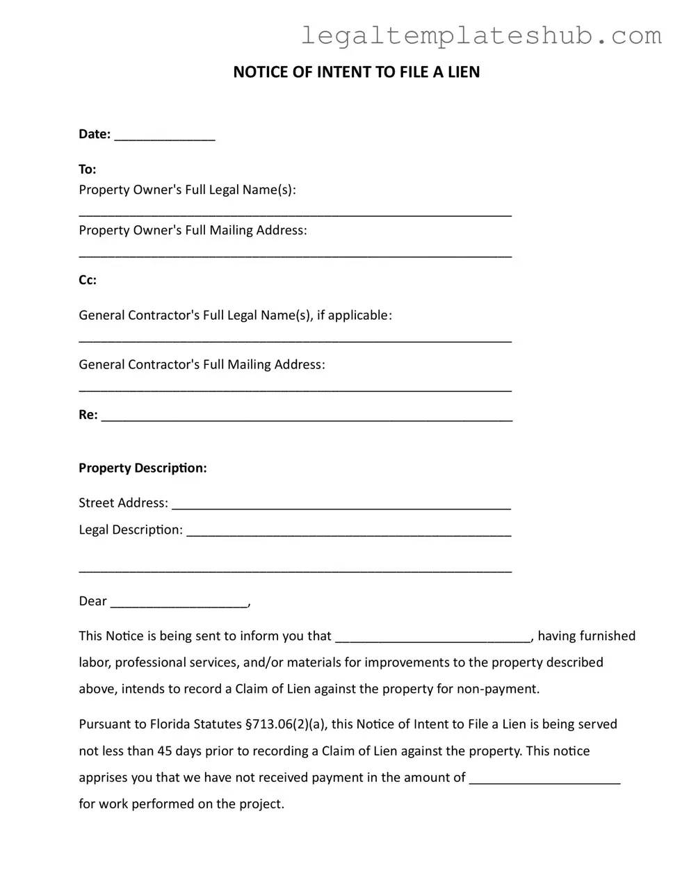 Blank Intent To Lien Florida PDF Form