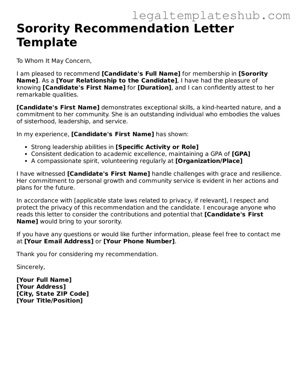 Printable Sorority Recommendation Letter Template
