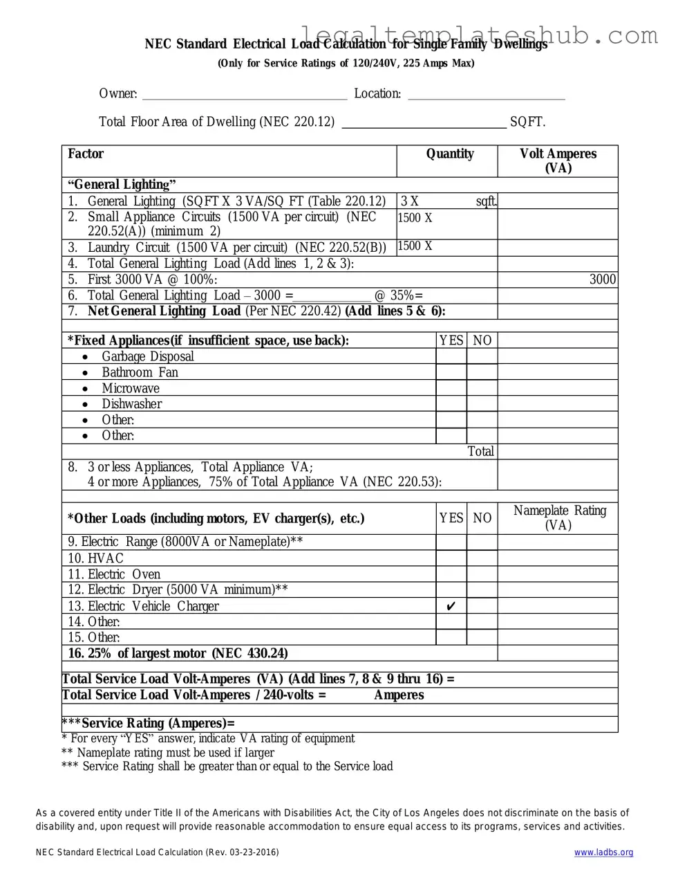 Blank LADBS NEC Standard Electrical Load Calculation PDF Form