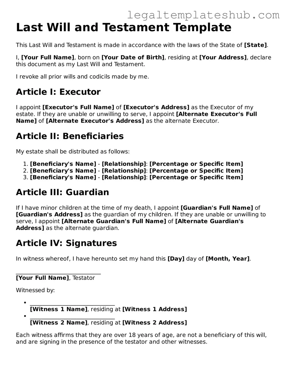 Printable Last Will and Testament Template