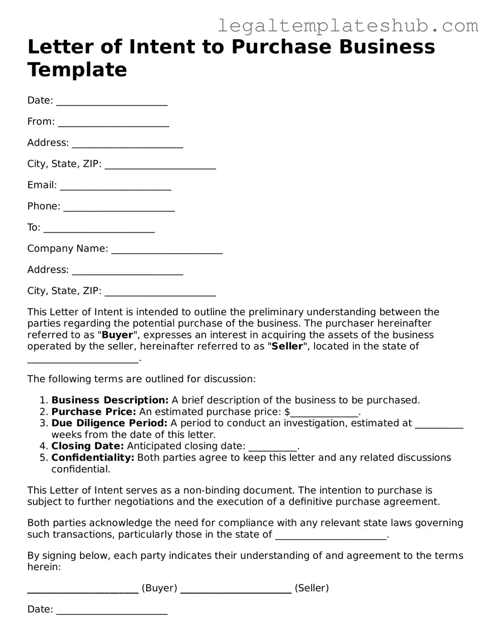 Printable Letter of Intent to Purchase Business Template