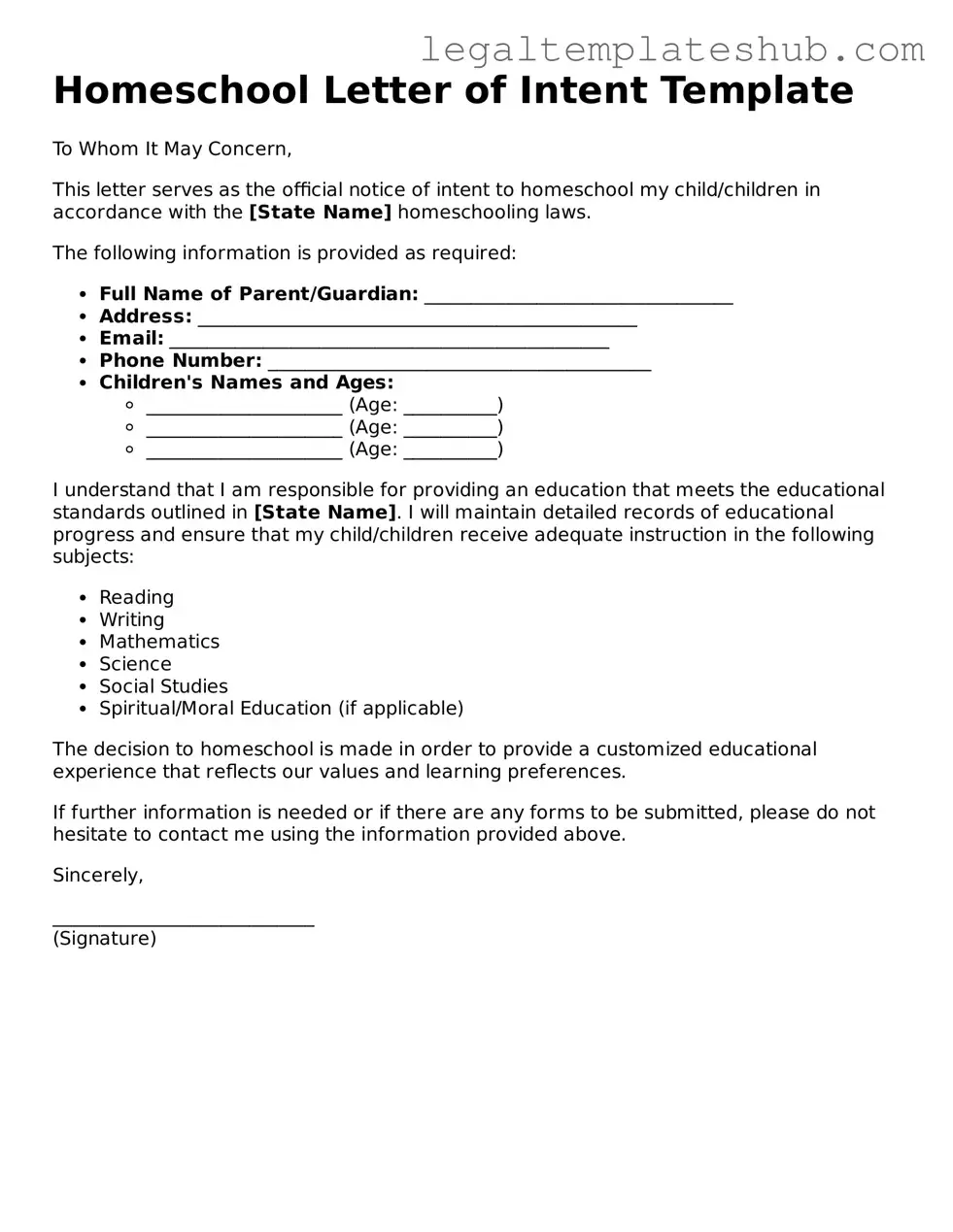 Printable Homeschool Letter of Intent Template
