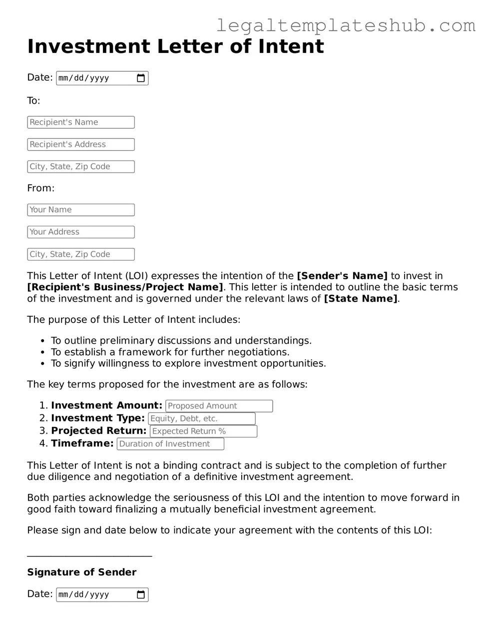 Printable Investment Letter of Intent Template