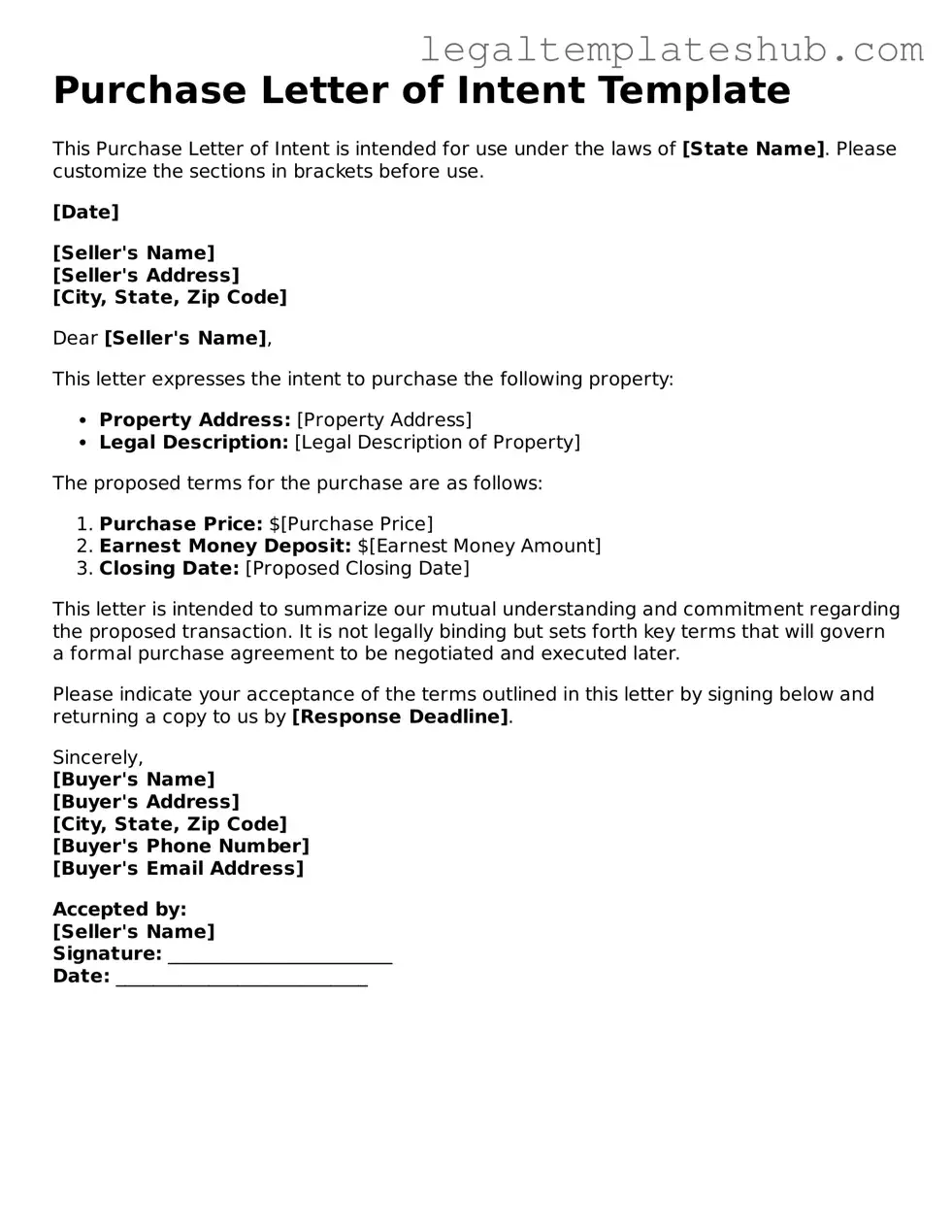 Printable Purchase Letter of Intent Template