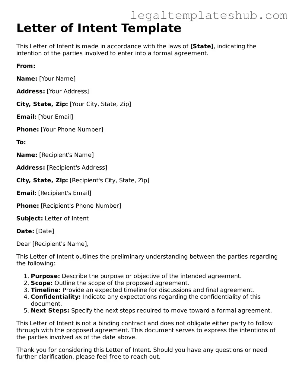 Printable Letter of Intent Template