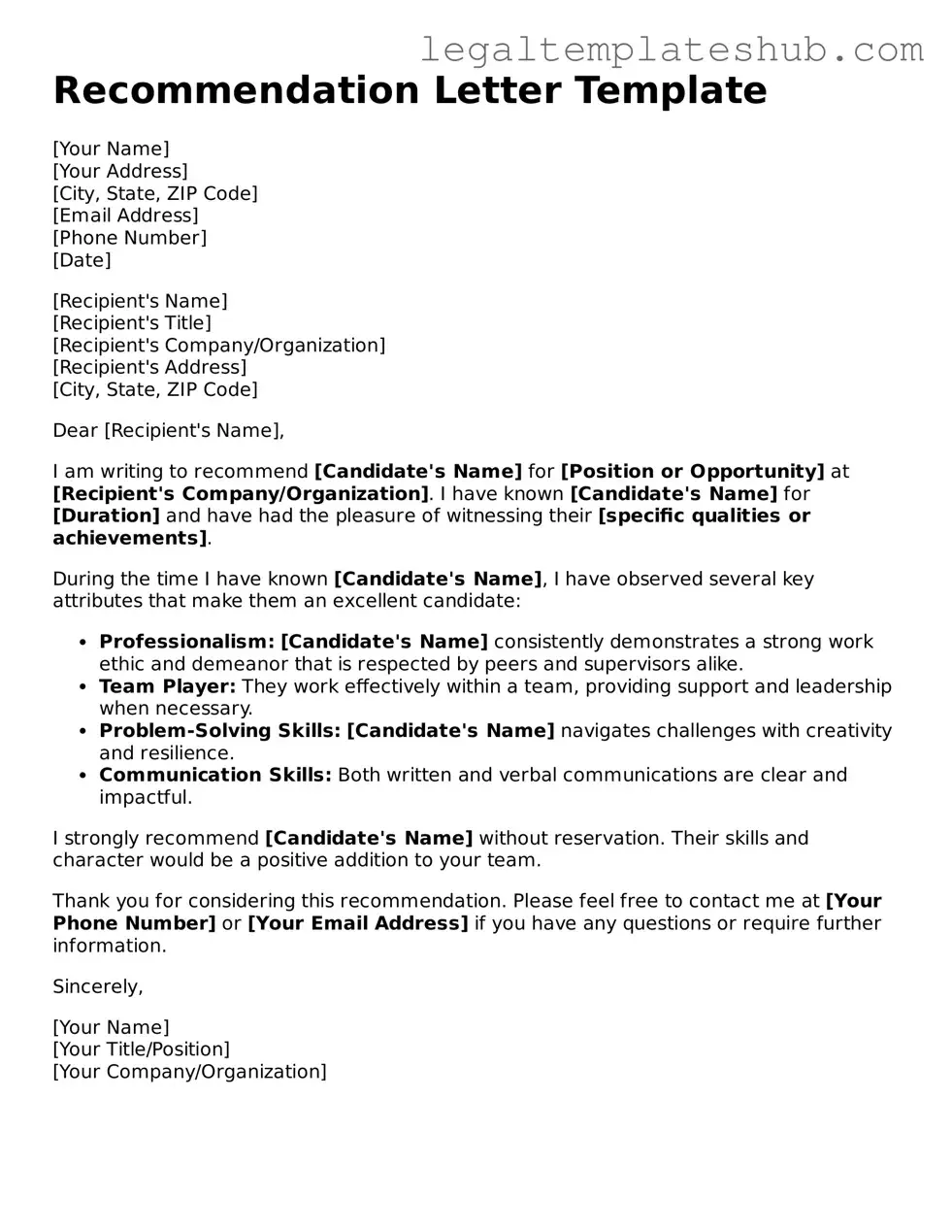 Printable Recommendation Letter Template