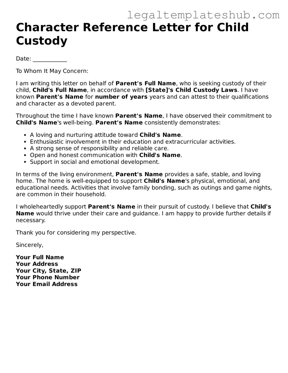 Printable Character Reference Letter for Child Custody Template
