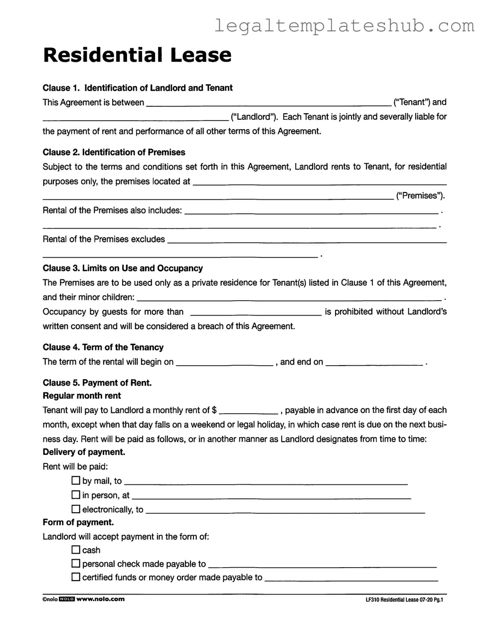 Blank Lf310 Residential Lease PDF Form