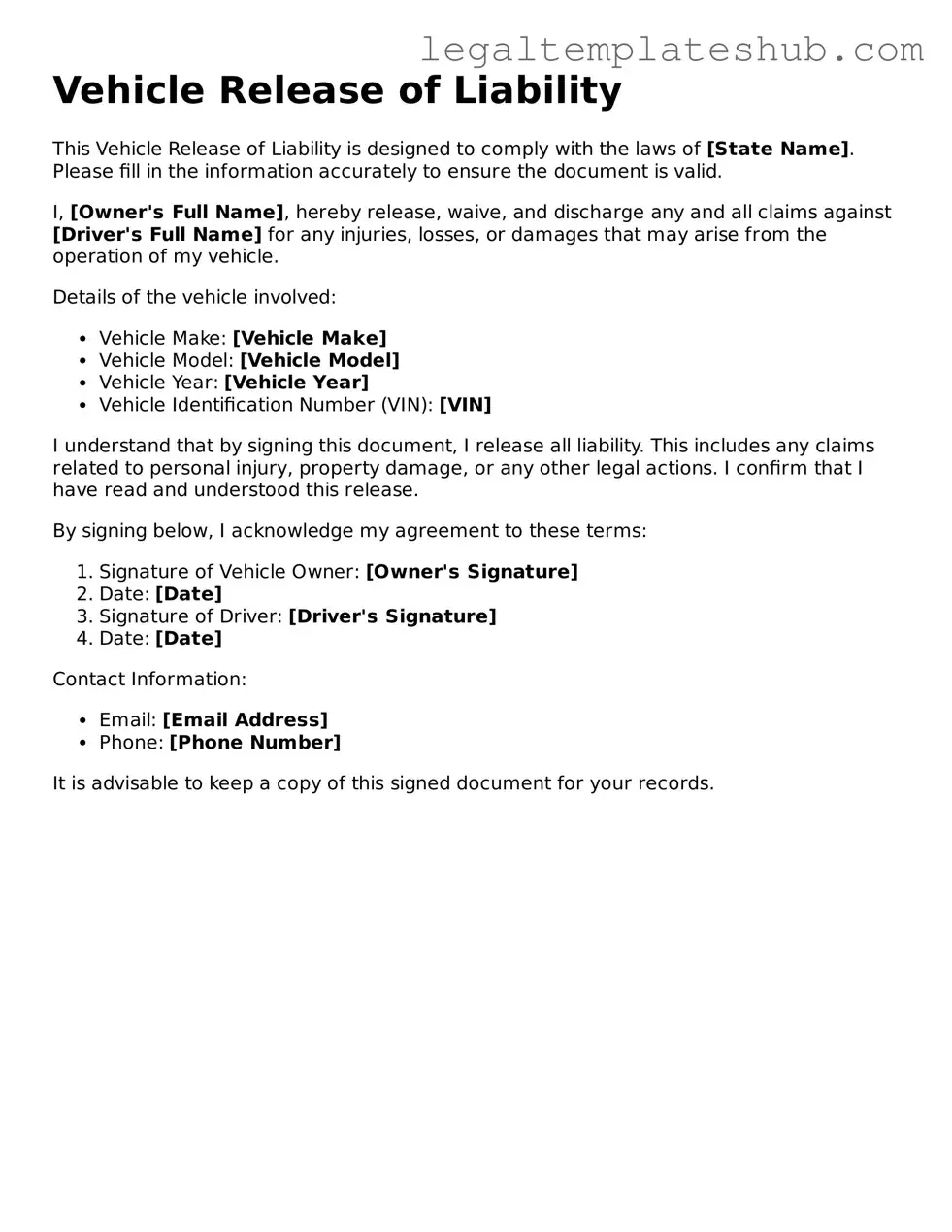 Printable Vehicle Release of Liability Template