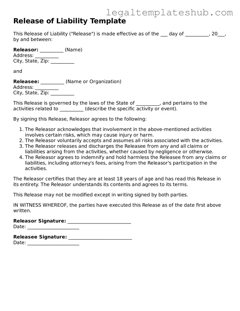 Printable Release of Liability Template