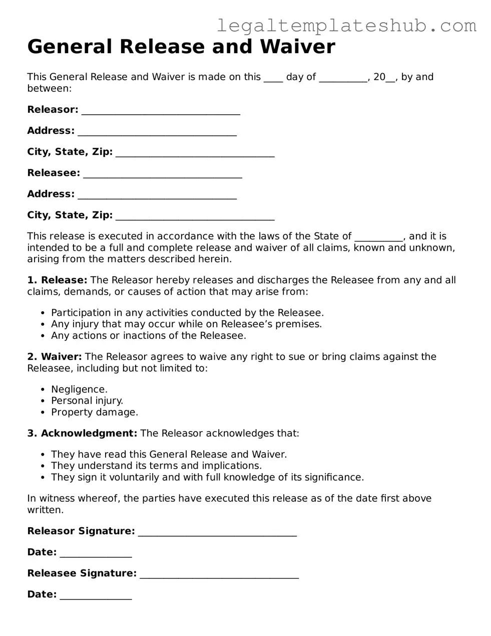 Printable General Release and Waiver Template