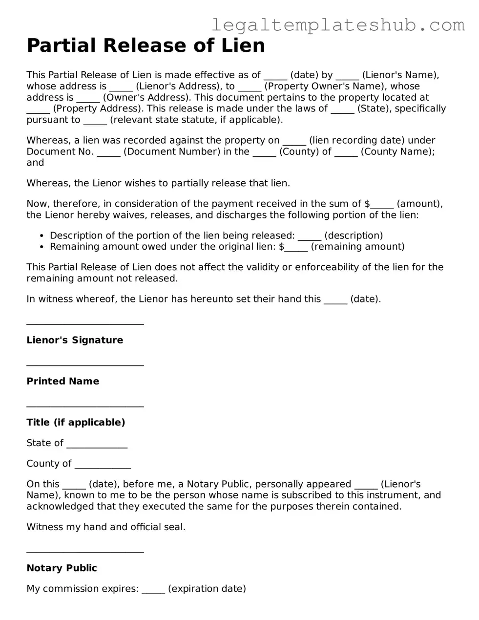 Printable Partial Release of Lien Template