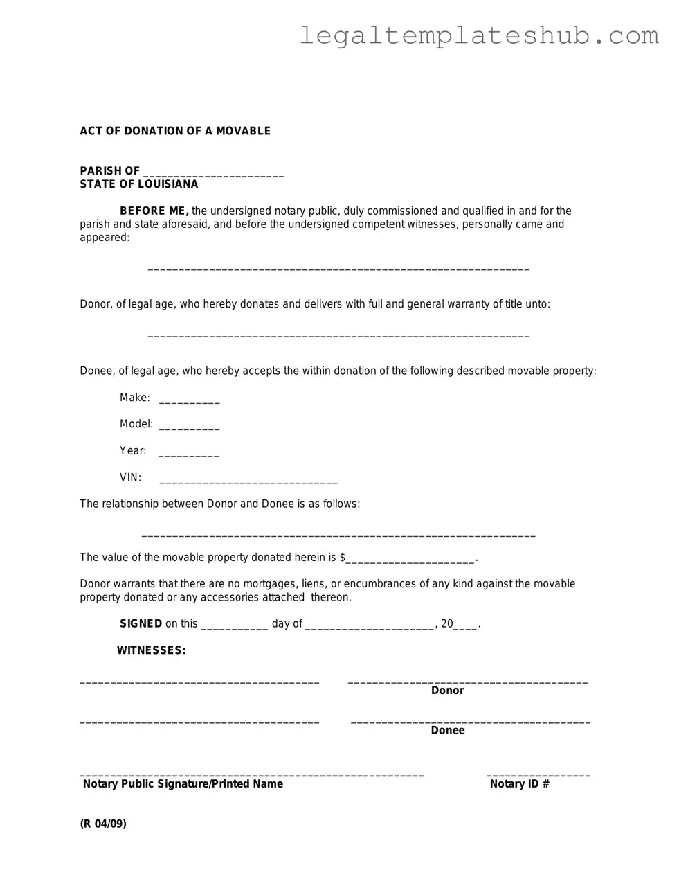 Blank Louisiana act of donation PDF Form