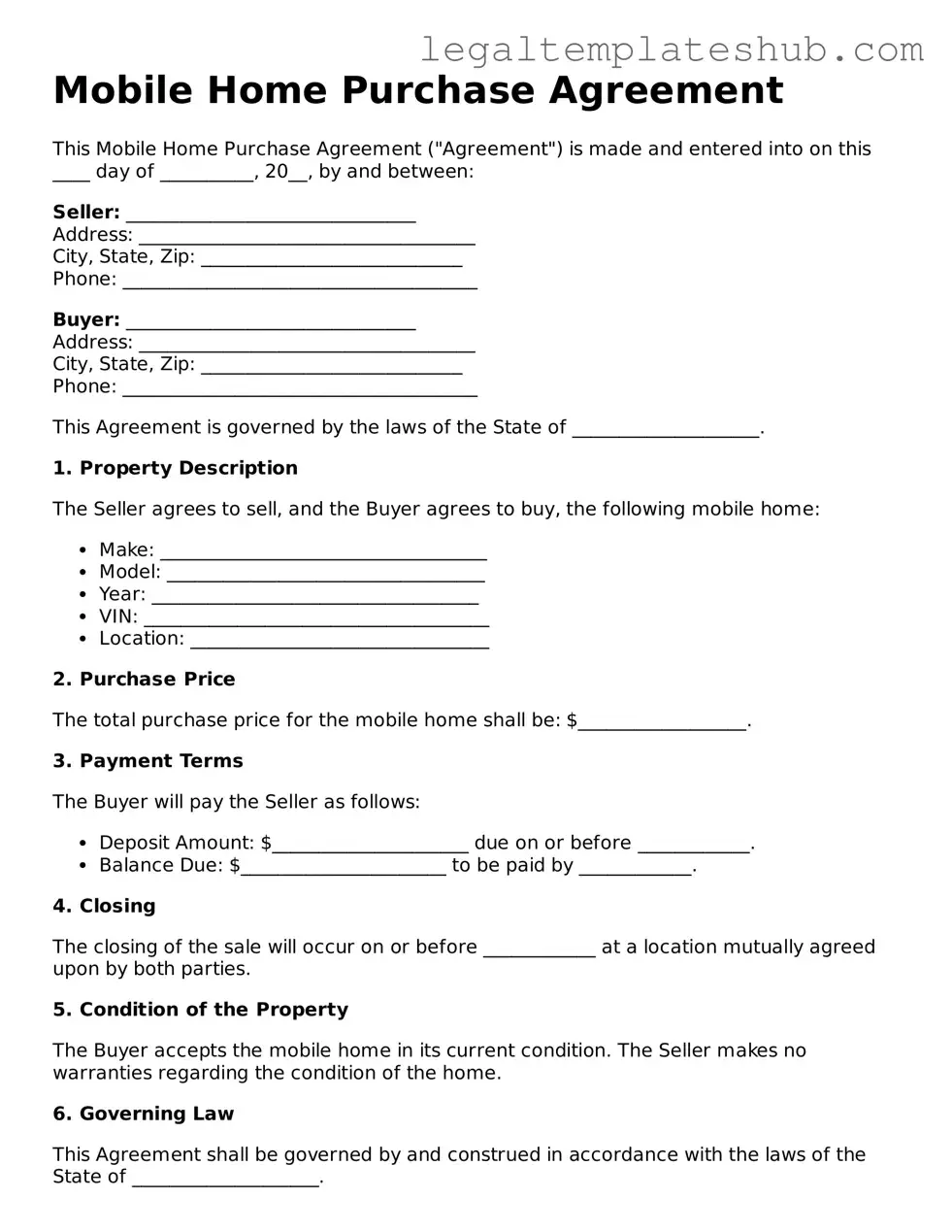 Printable Mobile Home Purchase Agreement Template