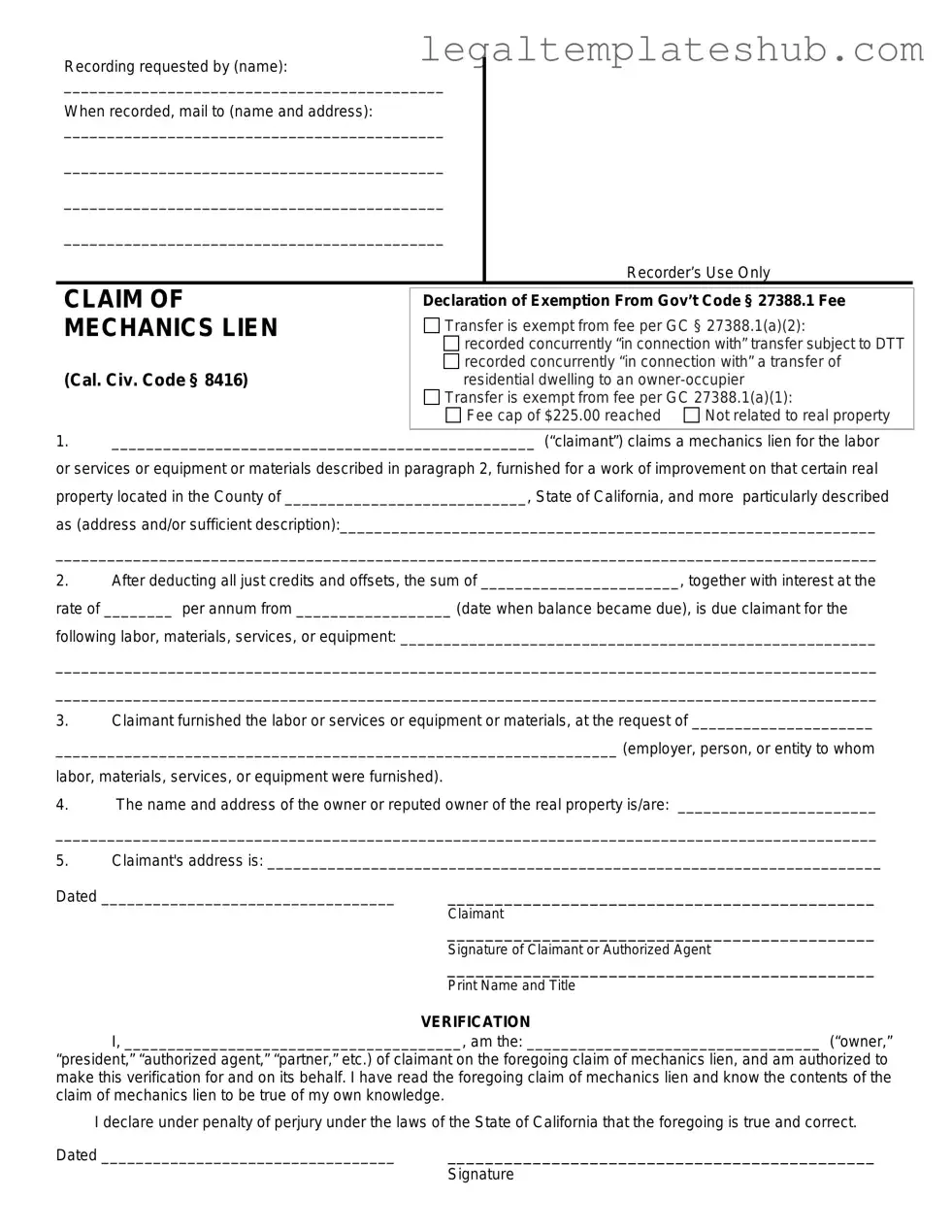 Blank Mechanics Lien California PDF Form