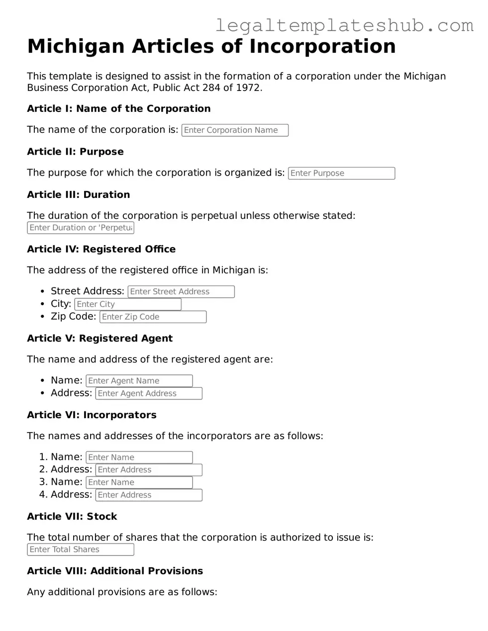Printable Articles of Incorporation Document for Michigan