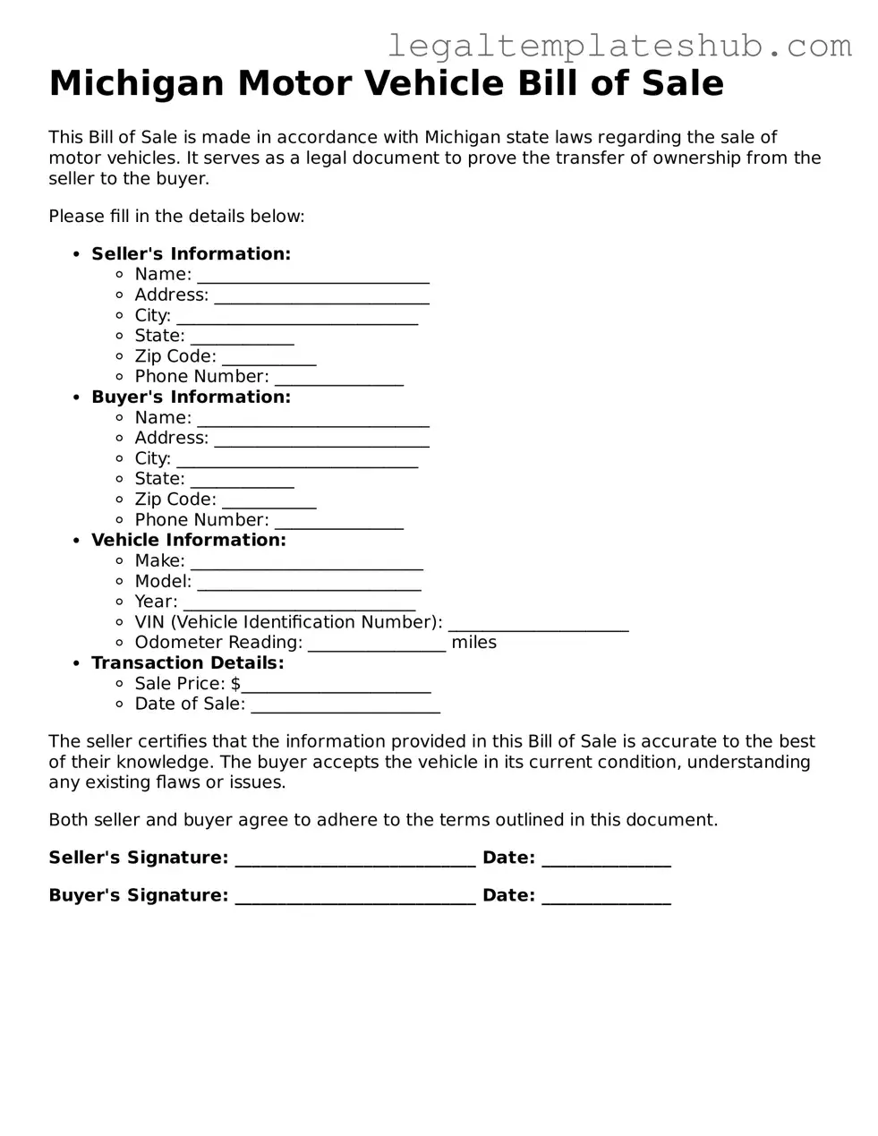 Printable  Motor Vehicle Bill of Sale Document for Michigan