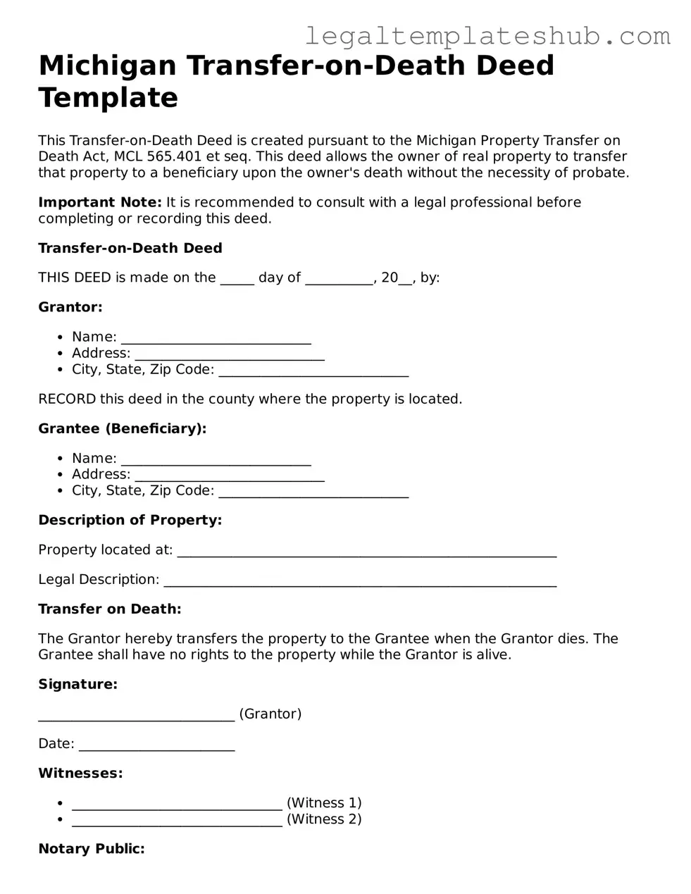 Printable  Transfer-on-Death Deed Document for Michigan