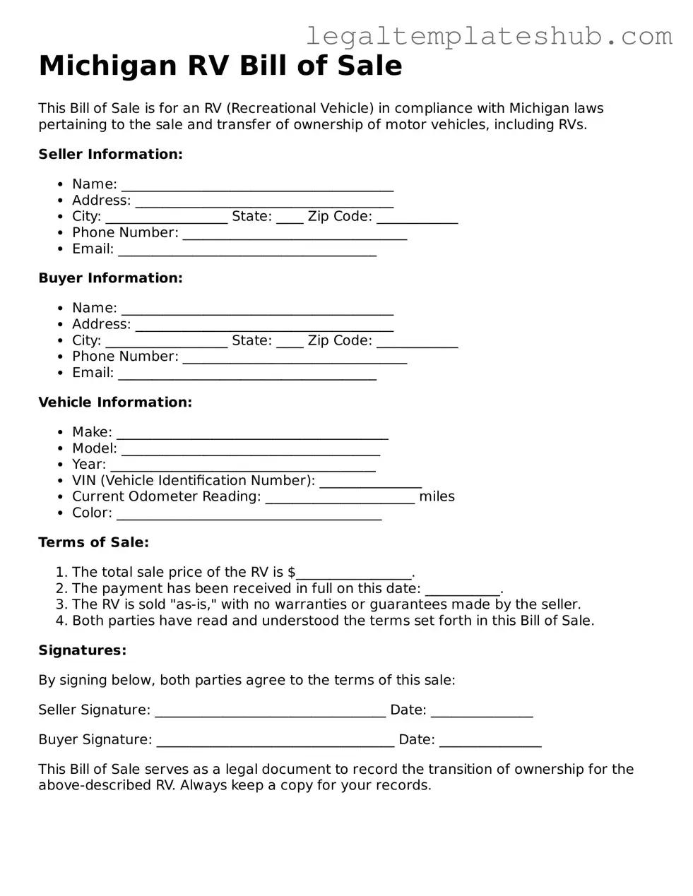 Printable RV Bill of Sale Document for Michigan