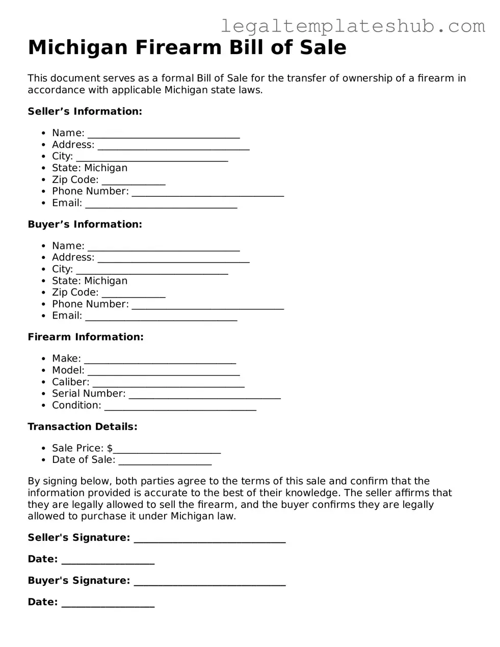 Printable  Firearm Bill of Sale Document for Michigan