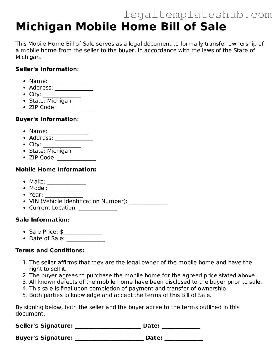 Printable Mobile Home Bill of Sale Document for Michigan