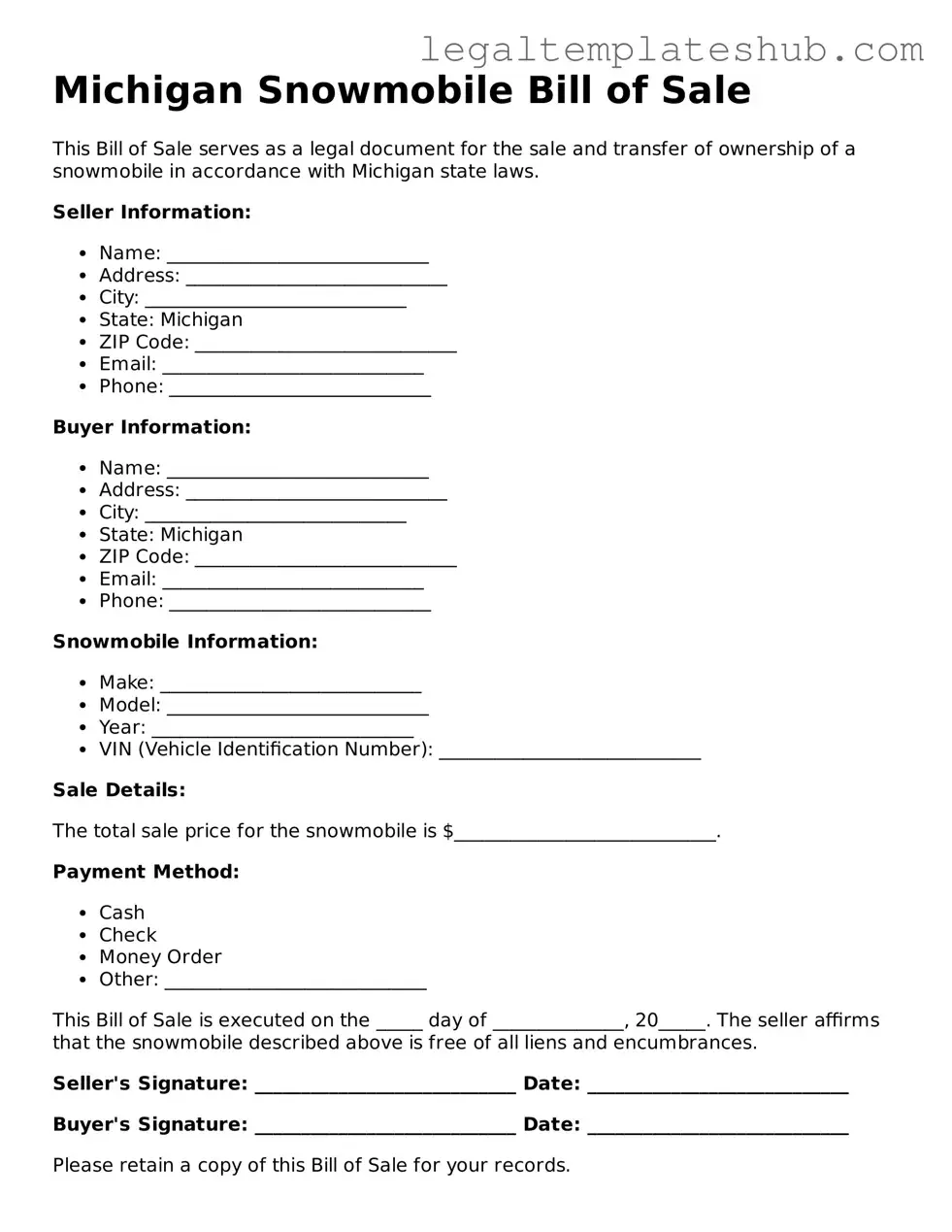 Printable Snowmobile Bill of Sale Document for Michigan