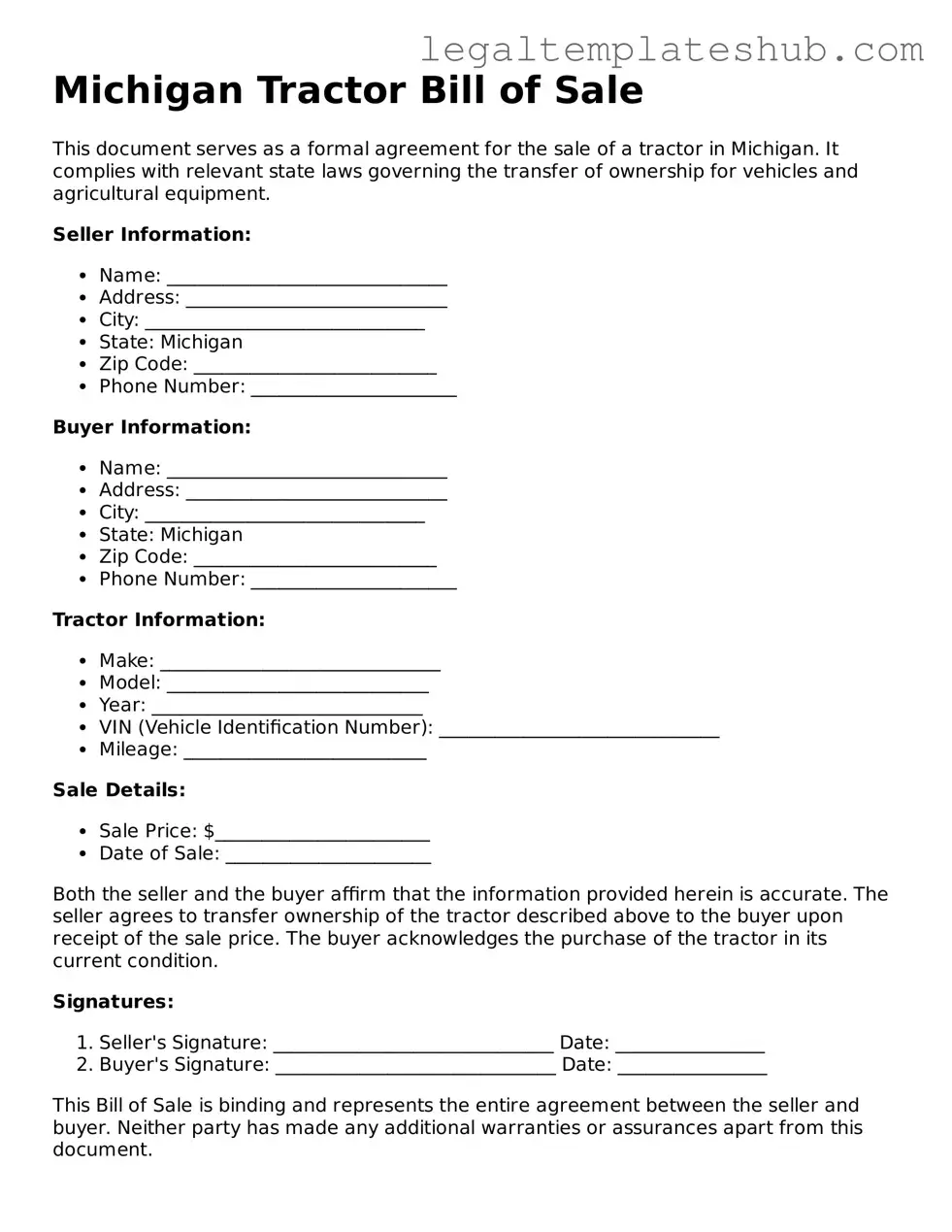 Printable Tractor Bill of Sale Document for Michigan