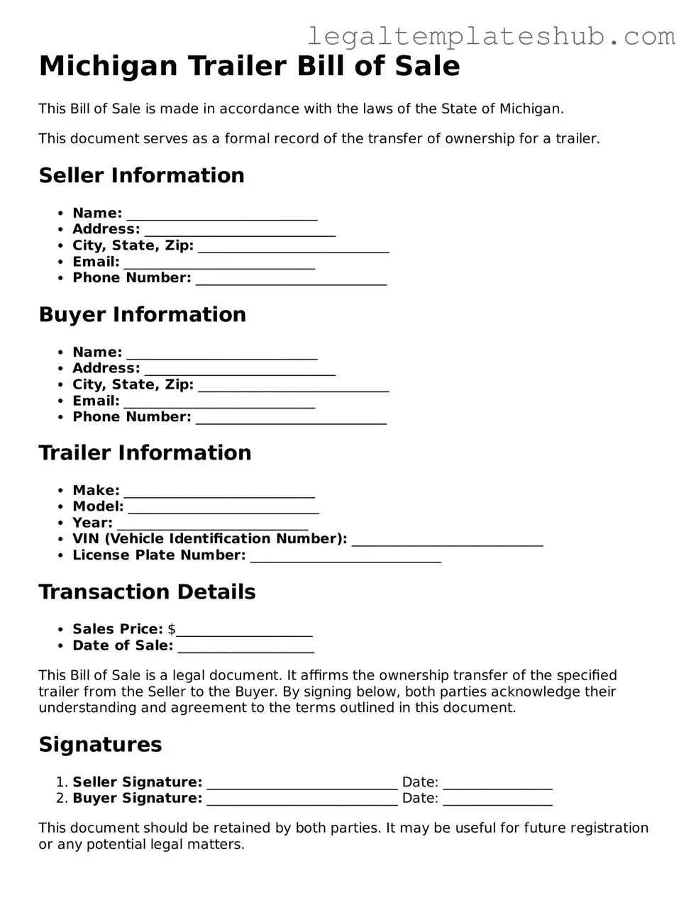 Printable Trailer Bill of Sale Document for Michigan