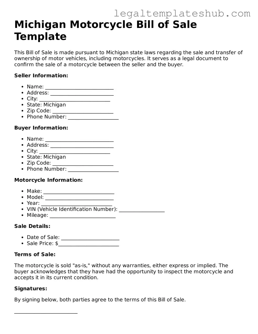 Printable  Motorcycle Bill of Sale Document for Michigan