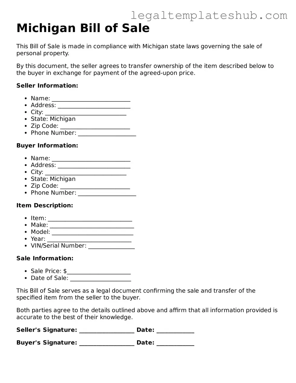 Printable  Bill of Sale Document for Michigan