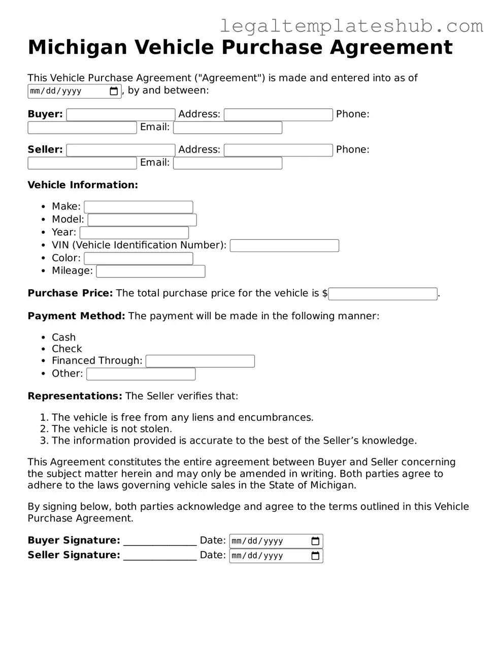 Printable  Vehicle Purchase Agreement Document for Michigan