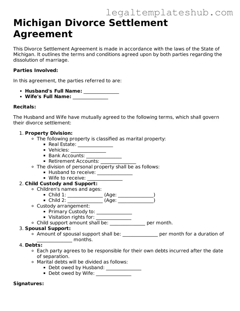 Printable  Divorce Settlement Agreement Document for Michigan