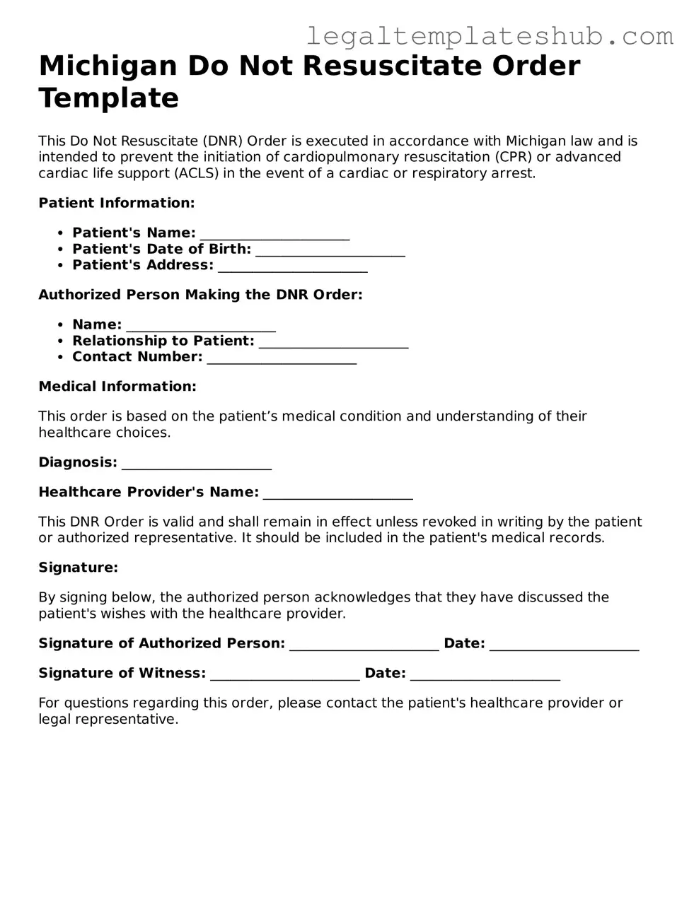 Printable  Do Not Resuscitate Order Document for Michigan