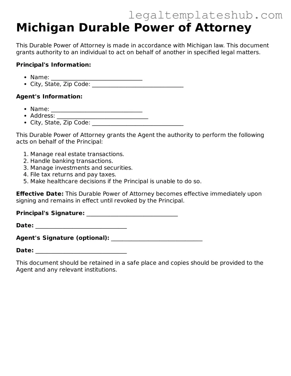 Printable  Durable Power of Attorney Document for Michigan