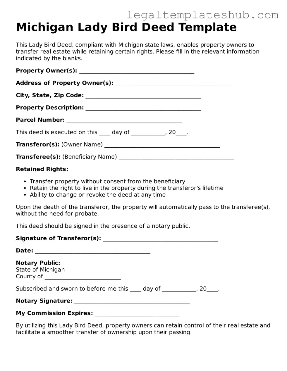 Printable  Lady Bird Deed Document for Michigan