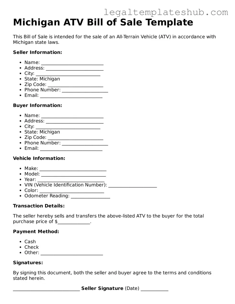 Printable ATV Bill of Sale Document for Michigan