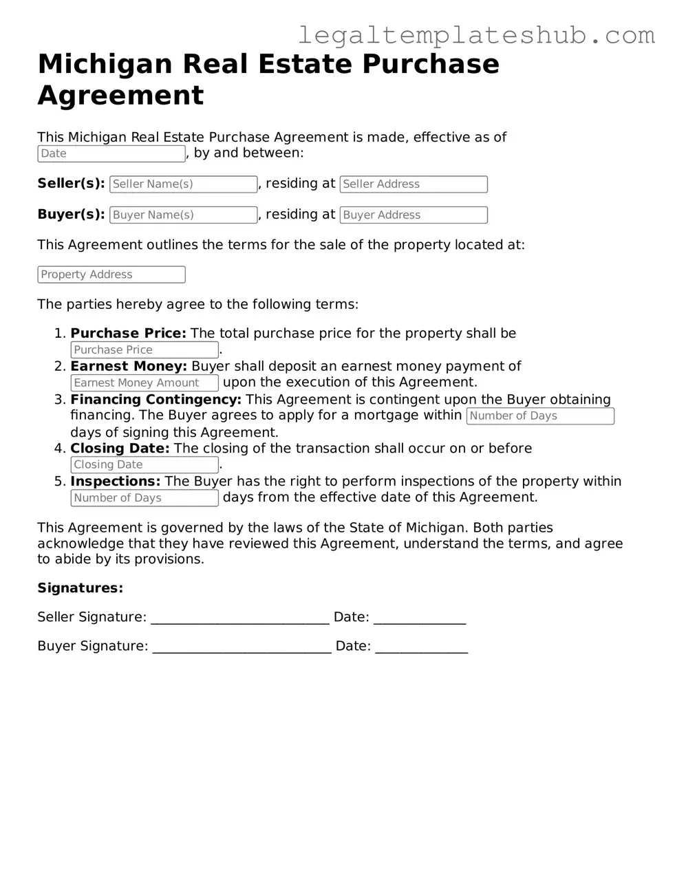 Printable  Real Estate Purchase Agreement Document for Michigan