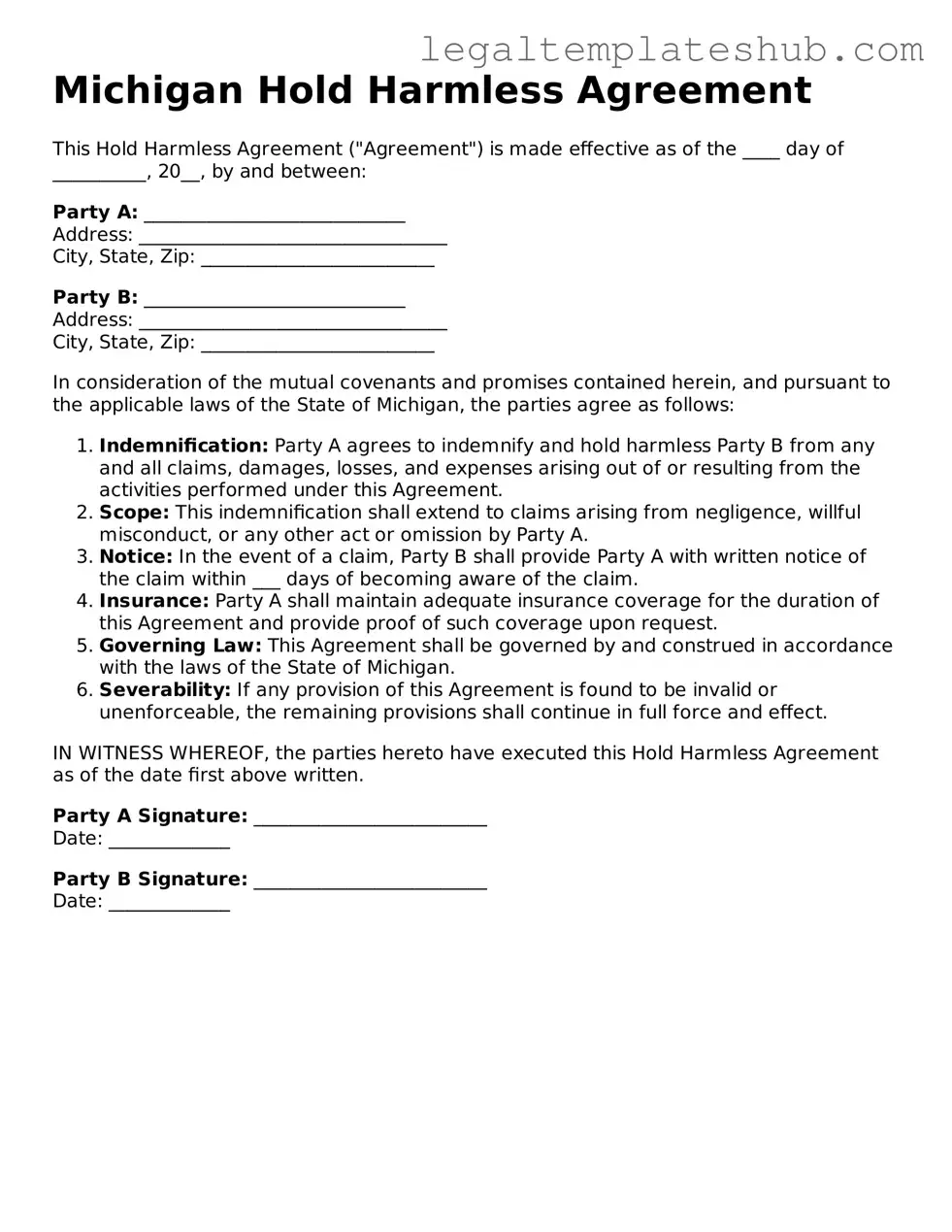 Printable  Hold Harmless Agreement Document for Michigan