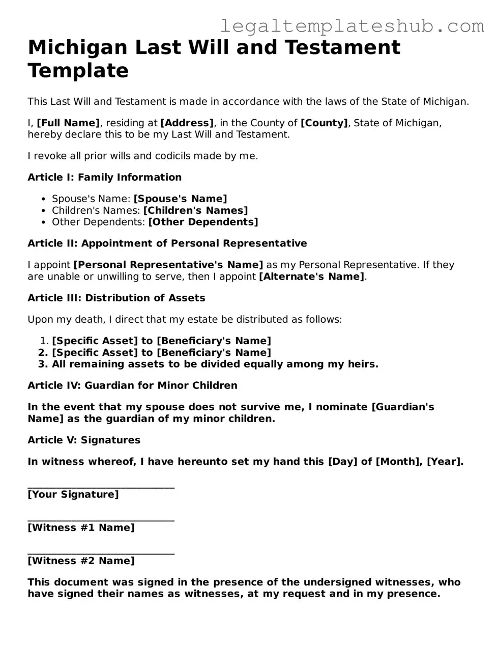 Printable Last Will and Testament Document for Michigan
