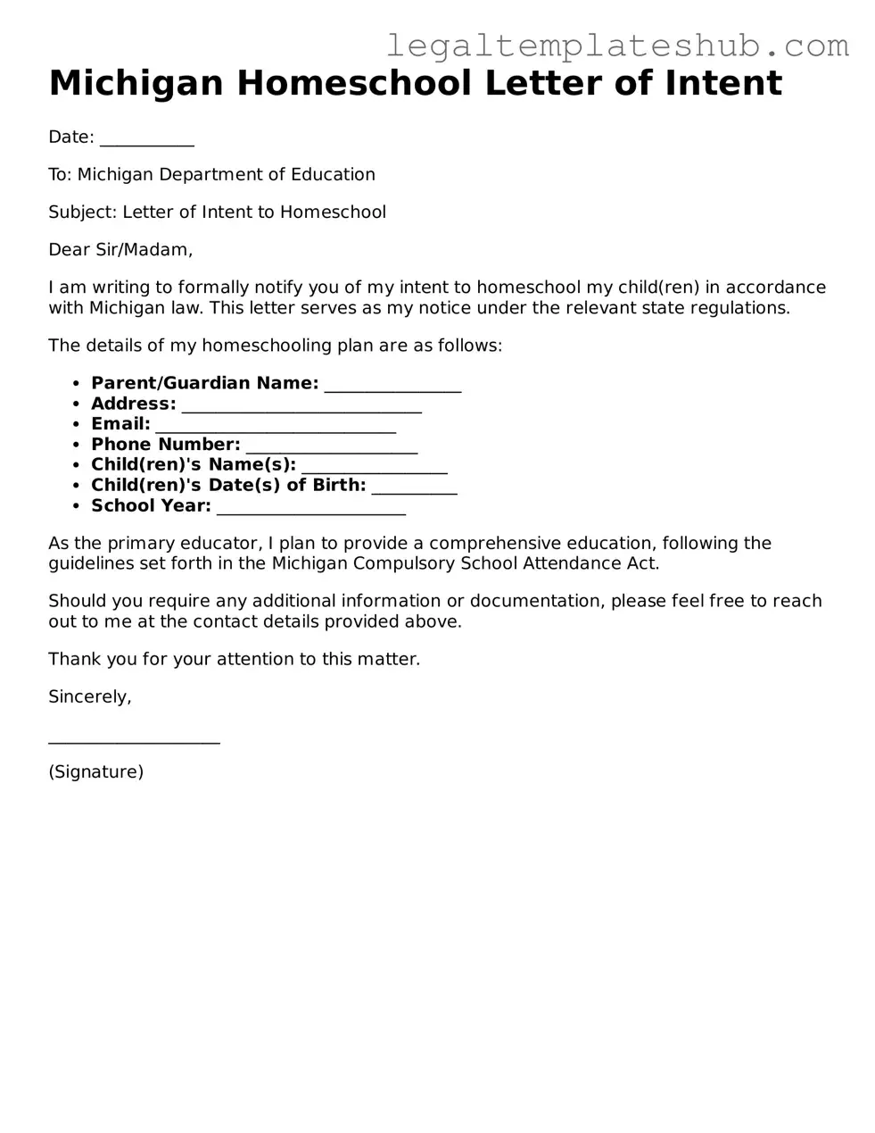 Printable  Homeschool Letter of Intent Document for Michigan