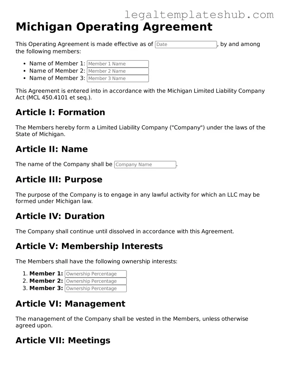 Printable Operating Agreement Document for Michigan