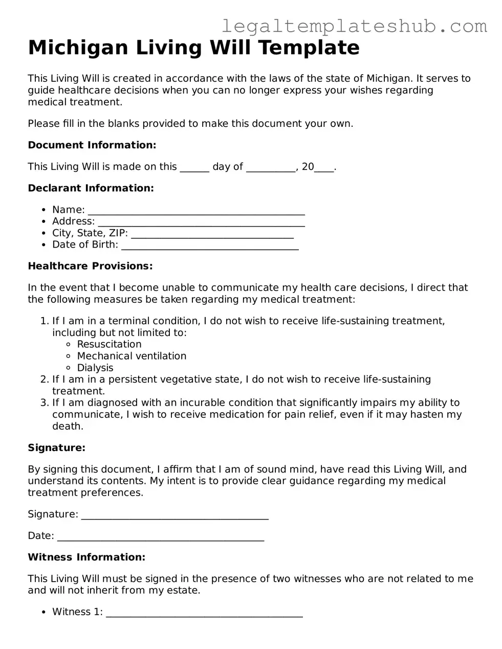 Printable  Living Will Document for Michigan
