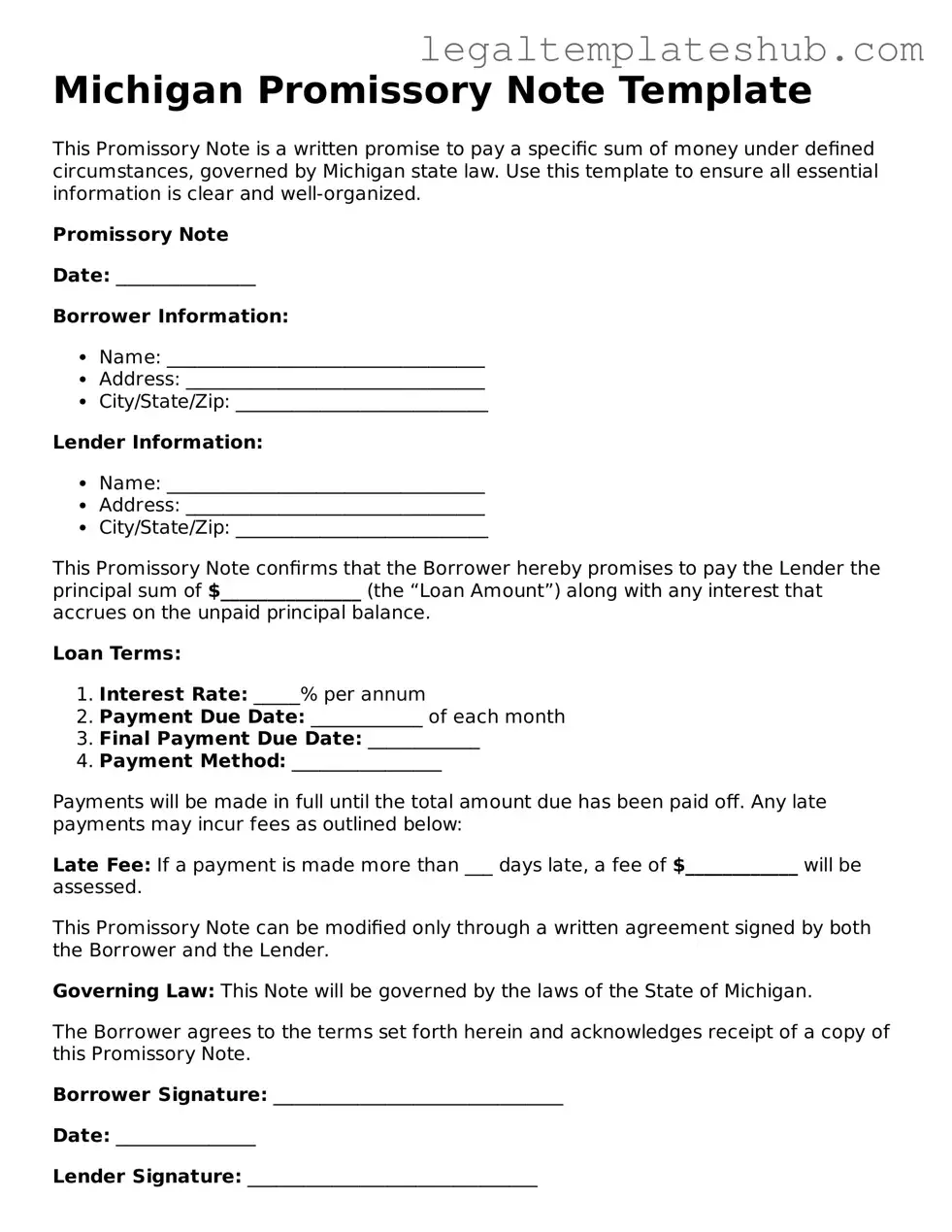 Printable Promissory Note Document for Michigan