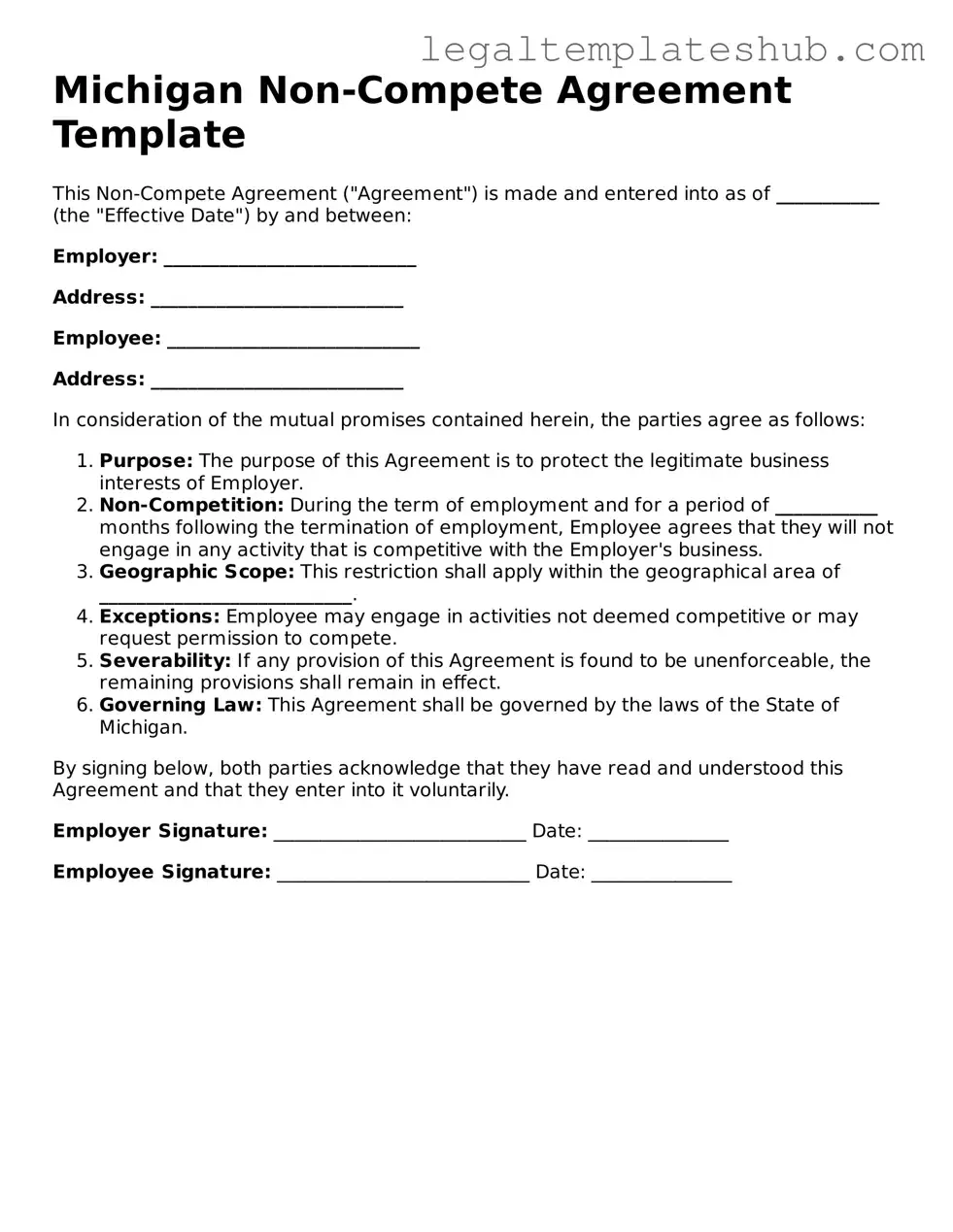 Printable  Non-compete Agreement Document for Michigan
